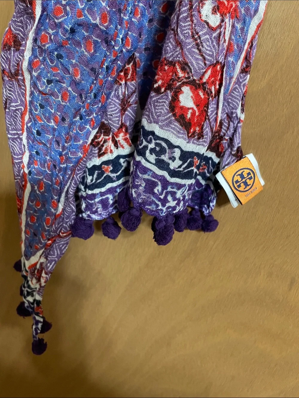 Tory Burch Purple Floral Lightweight Wrap with Pom Trim